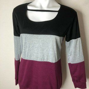 Anbech Color Block Women Cutout L/S Casual Top